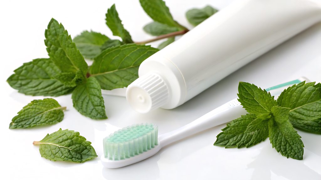 Toothpaste tube with toothbrush and mint leaves