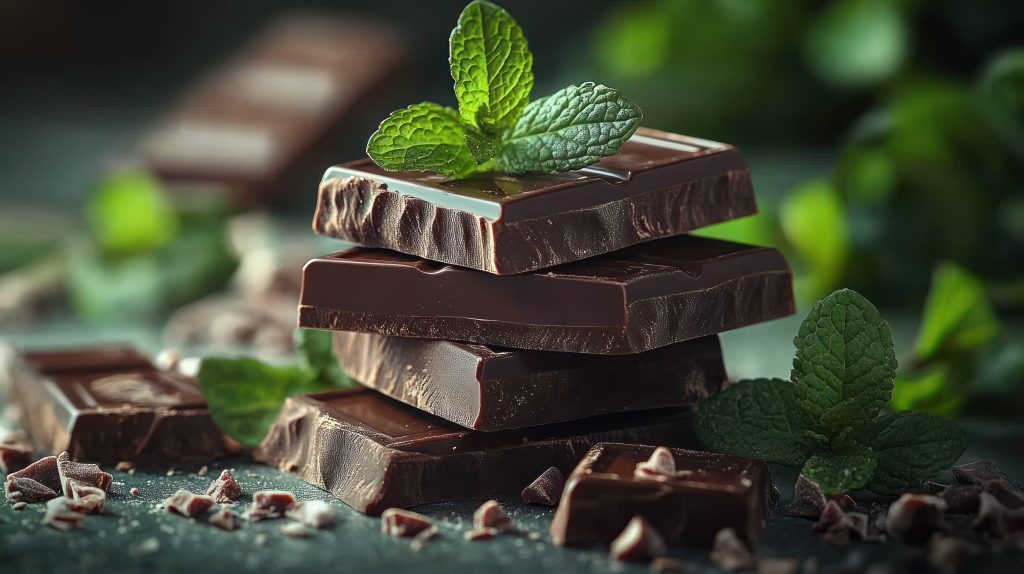 Mint leaves with chocolate squares