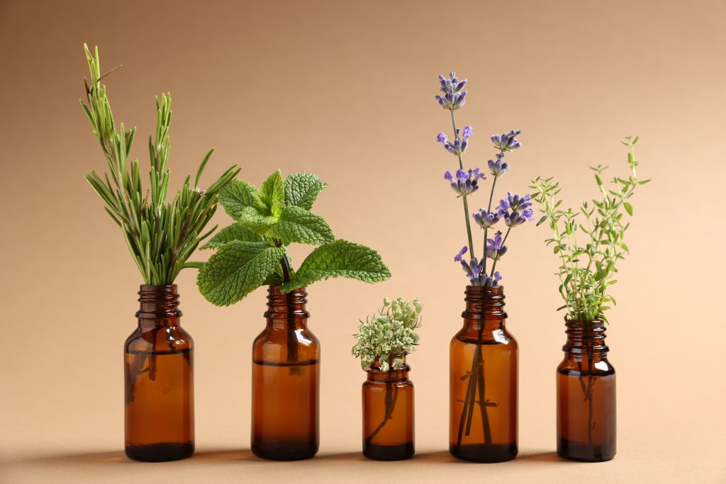 Essential oils with different plants in bottles on beige background